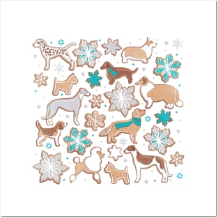 Catching ice and sweetness // spot // white background gingerbread white brown grey and dogs and snowflakes turquoise details Posters and Art